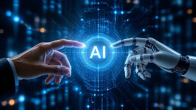 A human hand and a robotic hand touching in a futuristic AI environment