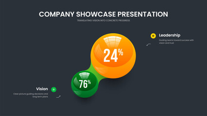 Naklejka premium Company Innovation Two Step Chart Slide Layout. Product Briefing Presentation Template Vector Illustration. Investor Showcase 2 Element Infographic Frame Design.