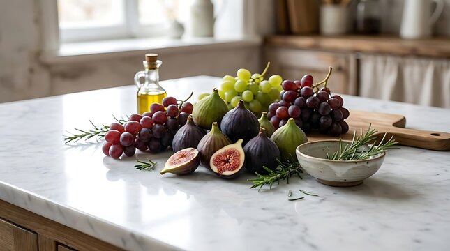 Assortment of fresh fruit and olive oil arranged on kitchen counter