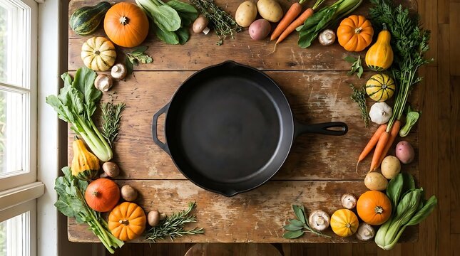 Cooking preparation with fresh harvest vegetables and cast iron skillet