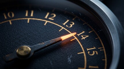Fototapeta premium Close-up of a Vintage Watch Dial: A detailed macro shot of a vintage watch face, highlighting the glowing hands approaching the number 14, set against a dark, textured background.