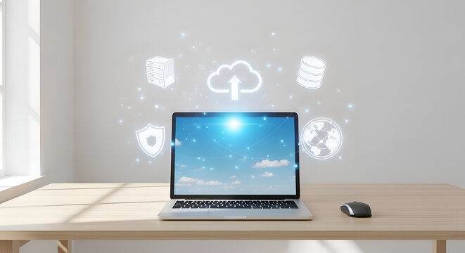 3D render of a laptop displaying a cloud computing interface with digital network icons and data symbols