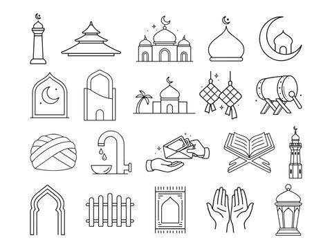 Islamic Religious Landmarks and Ramadan Symbols Illustration Set