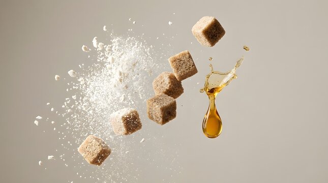 Flying ingredients for baking with brown sugar cubes and liquid splashing, white flour exploding in mid-air.