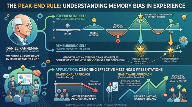 Psychological infographic graph overlay detailing memory bias parameters of peak end rule experience evaluation chart
