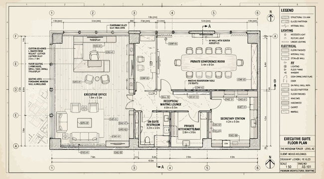 Detailed floor plan of a corporate executive office suite with electrical and structural notes