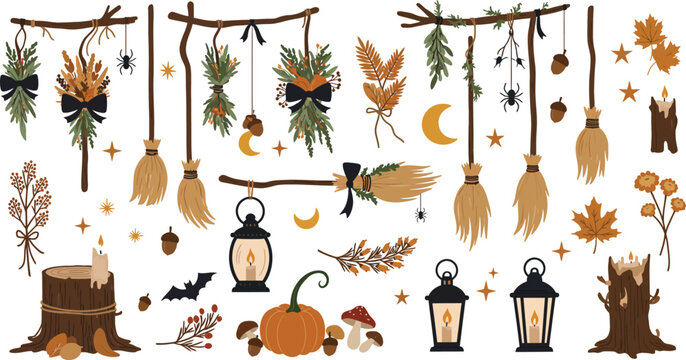 Set of magical witchy elements including hanging herbs brooms lanterns pumpkins and autumn leaves isolated on a white background for halloween designs