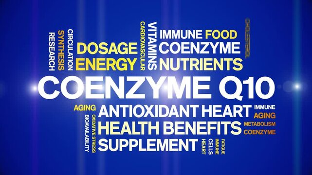 Coenzyme Q10 animated word cloud-CoQ10 text design animation tag kinetic typography seamless loop.