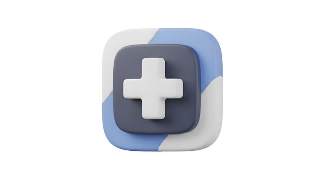 3D render of a plus symbol icon with rounded square layers in blue and dark gray on white background