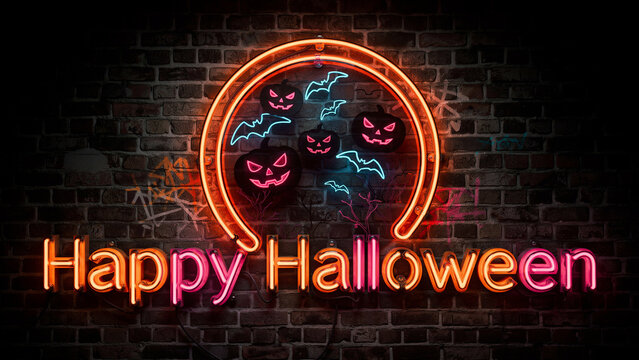 Happy halloween neon sign glowing on a dark brick wall with neon pumpkins and bats in a ad social media download product banner template event festive festival 2026 2027 2028