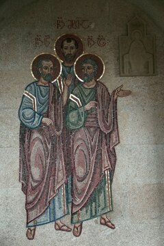 Ancient religious mosaic of saints at Bodbe monastery in Georgia with copy space