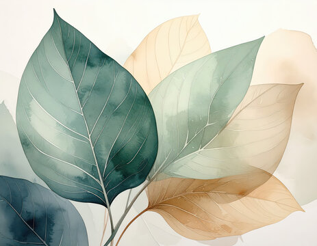 Minimal botanical watercolor leaves in soft green and beige tones (No. 1590)