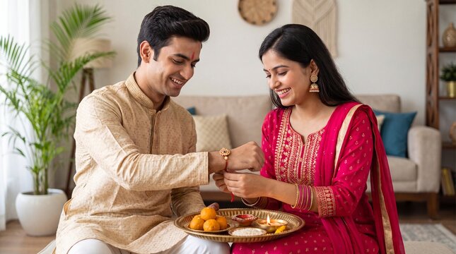 Indian sister tying a rakhi thread on her brother's wrist during raksha bandhan festival, both wearing traditional ethnic clothing, sitting in a living room with a tray of sweets and a lit diya