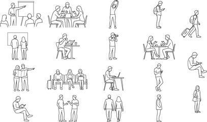 Obraz premium Business People Daily Activities Outline Vector Set with Office Work Travel and Communication Scenes