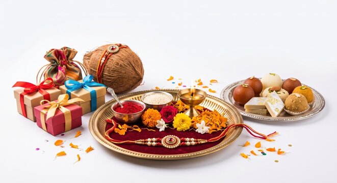 Raksha bandhan celebration setup with a brass plate, traditional rakhi thread, colorful marigold flowers, assorted indian sweets, a coconut, and gift boxes on a white background