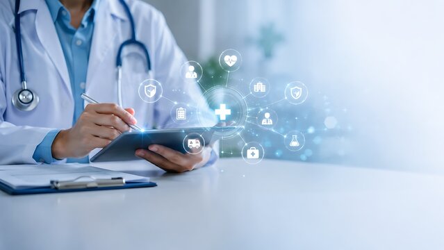 Medical professional examining electronic patient records on tablet. futuristic medical doctor using AI healthcare with healthcare, electronic. futuristic medical doctor using AI healthcare