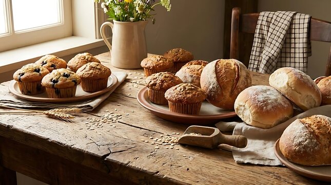 Assortment of freshly baked bread and muffins on rustic wooden table