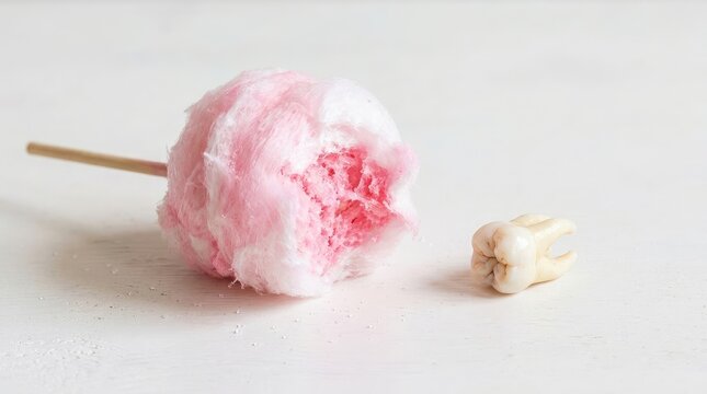 Bite taken out of pink cotton candy. Sweet treat on stick.