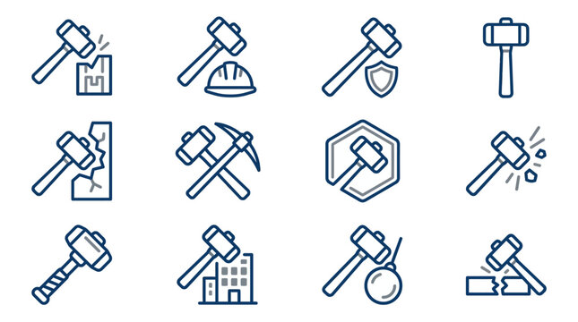Dynamic Blue Grey Line Icons Showing Hammer Breaking Various Objects and Concepts for Construction Safety and Destruction