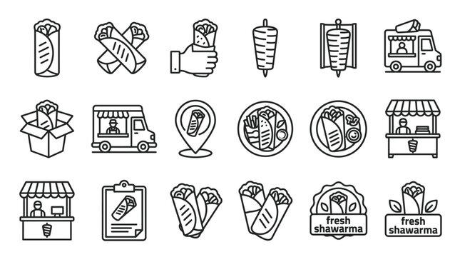 Creative Black and White Line Art Icons Set Featuring Food Delivery and Fresh Shawarma Concepts