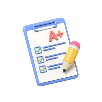 Minimalist 3D render of a school test or quiz results with an A+ grade checkmarks on answers and a pencil signifying achievement and excellence.3d render