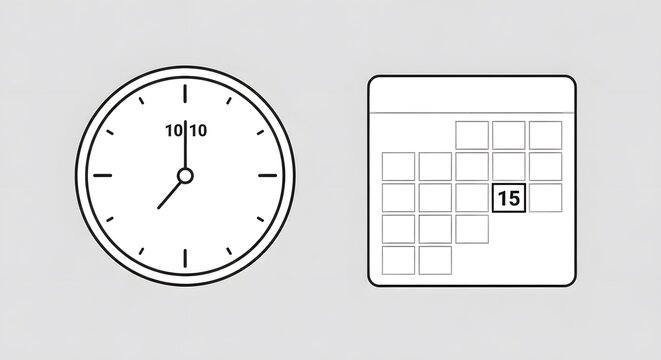 Time and Date Symbol: A minimalist illustration featuring a clock face showing 10:10 and a calendar with the 15th day highlighted, representing time management and scheduling.