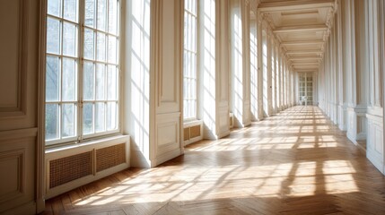 Fototapeta premium A long corridor of tall windows casts parallel bands of bright sunlight across a polished wooden parquet floor in a classic hall.