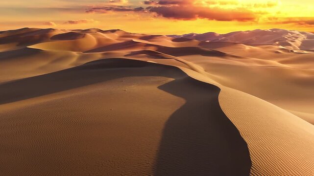 Aerial view of the rolling golden sand dunes at sunset in the Kumtag Desert, Xinjiang, China.