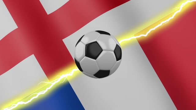 A spinning soccer ball against the background of two waving flags England and France with diagonal lightning seamless, 4k loop