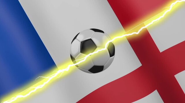 A spinning soccer ball against the background of two waving flags France and England with diagonal lightning seamless, 4k loop