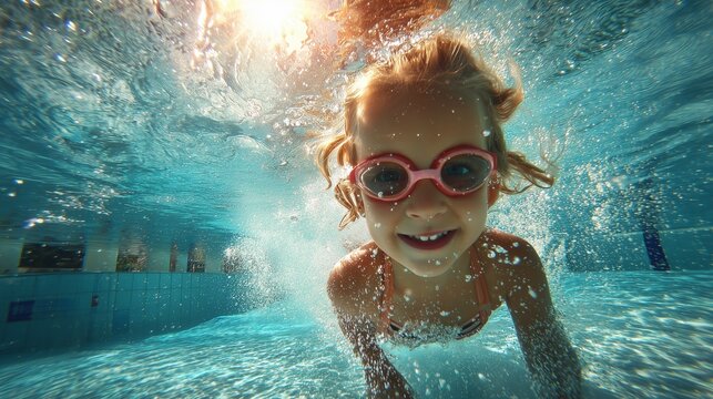 Smiling child underwater in pool with swim goggle, showing water safety, close supervision, and swim lesson fun.
