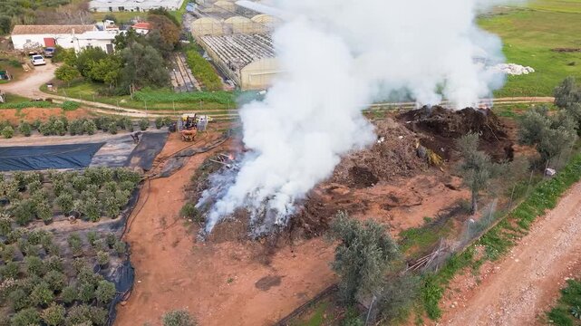 Controlled Agricultural Field Burning in Schinias Greece &ndash; Aerial View