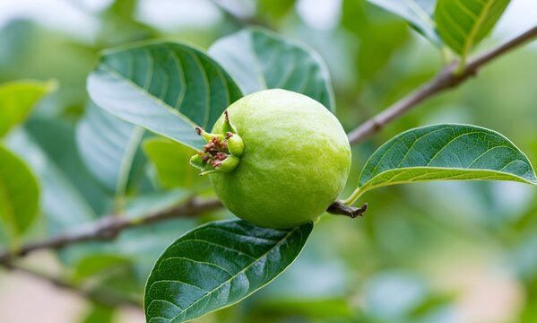 Young monkey guava fruit attached to branch in vibrant green