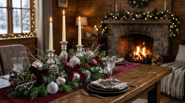 Cozy Christmas dining table setting with festive centerpiece and fireplace