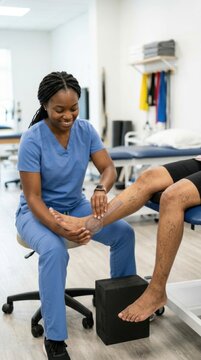 An African American female physical therapist in her 20s wearing blue scrubs uses a goniometer to measure a patient's ankle range.