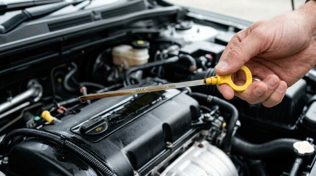 Checking the oil level, a middle-aged man with fair skin holds a yellow dipstick over a car engine bay during maintenance.