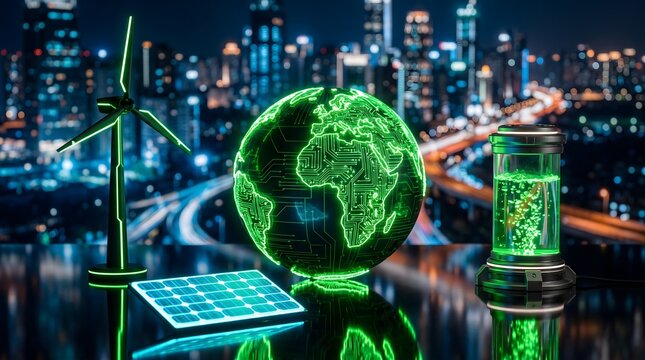 Global Renewable Energy Infrastructure Featuring Glowing Earth Wind Turbine and Solar Power Technology for Sustainable Future Cities