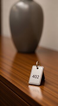 A silver metal hotel room key tag with the number 402 sits on a dark wooden furniture surface inside a boutique lobby.