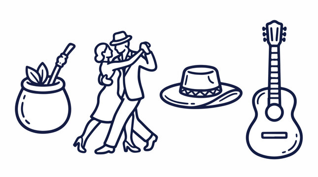 Argentine culture line icons set, traditional tango dancers and mate tea vector, gaucho hat and acoustic guitar illustrations for travel branding isolated PNG with Transparent Background