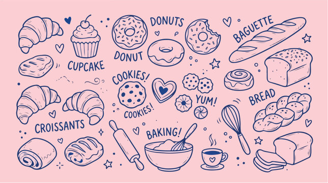 Hand drawn bakery doodles vector set, blue line art pastry and bread illustrations, cute baking icons for cafe menu and kitchen decor isolated PNG with Transparent Background