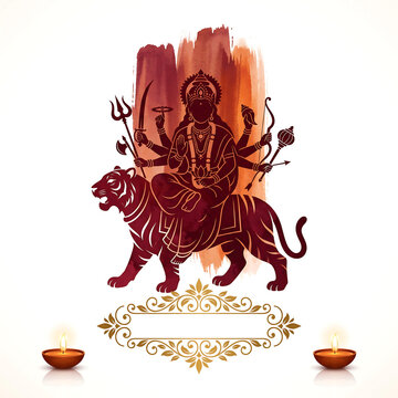 Center-composed minimalist festive illustration of Goddess Durga silhouette in deep maroon, seated on a stylized lion, multiple arms with weapons and lotus, on pure white background
