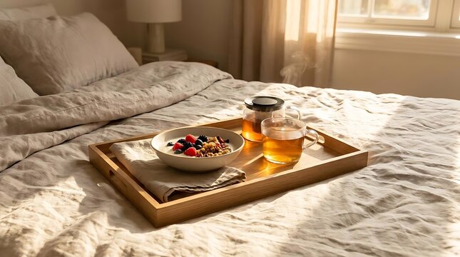 Morning breakfast on bed with sunlight and natural light