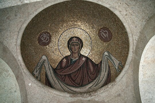 Ancient golden mosaic of Virgin Mary at Bodbe monastery in Georgia with copy space