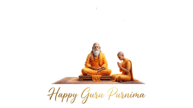 Guru purnima greeting with a sage meditating and a student praying isolated on transparent background