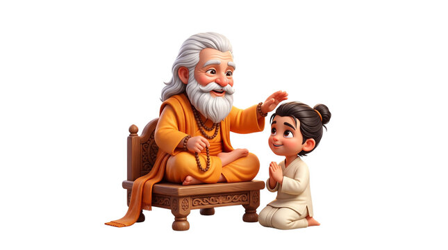 3d cartoon style illustration of a wise guru blessing a child isolated on transparent background