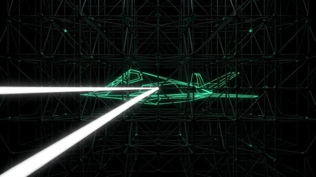 黒背景で量子照明のレーザー光がステルス機体の輪郭を抽出する抽象的な科学CG映像
