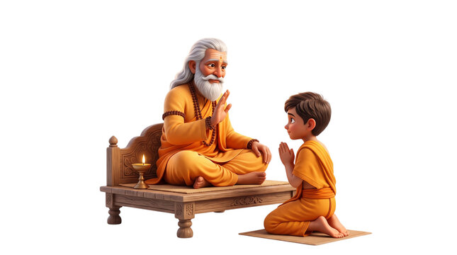 Guru purnima celebration with a wise teacher and student, isolated on transparent background