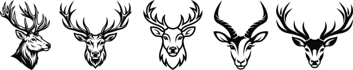 Fototapeta premium Deer Head Silhouette Icon Set - Black Filled Glyph Stag Antler Wildlife Vector Collection.