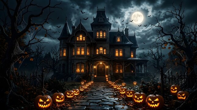 Spooky haunted mansion at night with glowing jackolanterns on a stone path