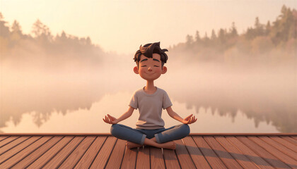 Fototapeta premium Cute cartoon young man meditating in lotus position on yoga mat outdoor at sunset